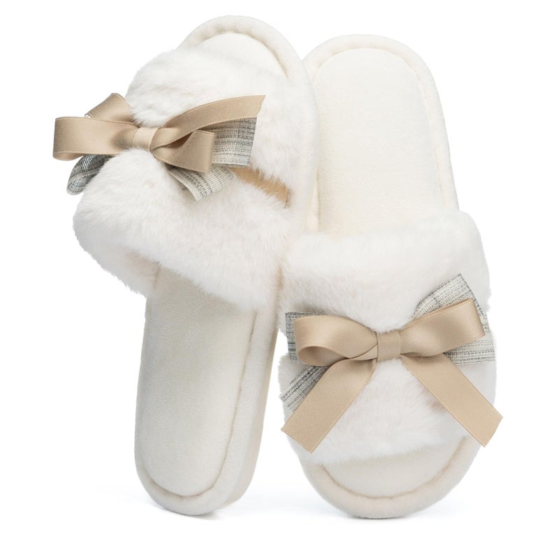 GOEWY House Slippers for Women Open Toe Fuzzy Cute Bow Slippers with Memory Foam Fluffy Cozy Birthday Gifts for Women Mom Indoor and Outdoor Size 11 12 Blue - Image 1