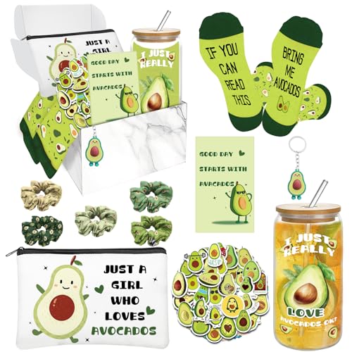 Zhirlyn Avocado Gifts for Women Avocado Themed Gifts for Avocado Lovers Include 16oz Glass Cup, Makeup Bag Socks 5 Hair Ties, Keychain & 50 Stickers for Birthday Christmas (Classic) - Image 1