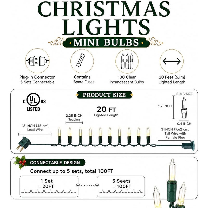 TW SHINE Warm White Christmas Lights Outdoor, 20FT 100 Count Incandescent Christmas Light Indoor, Waterproof Christmas Tree String Lights for Xmas Decorations - Image 2