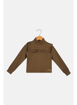 Toddlers Girl Embroidered Logo Long Sleeve Tops, Dark Olive