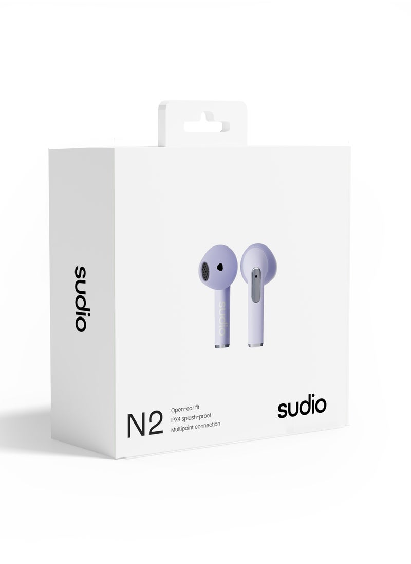 Sudio - N2 True Wireless Bluetooth Open-Ear Earbuds - Multipoint Connection, Built-in Microphone for Calls, 30h Battery Time with Charging Case, IPX4 Water Resistant, USB-C and Wireless Charging - PURPLE - Image 1