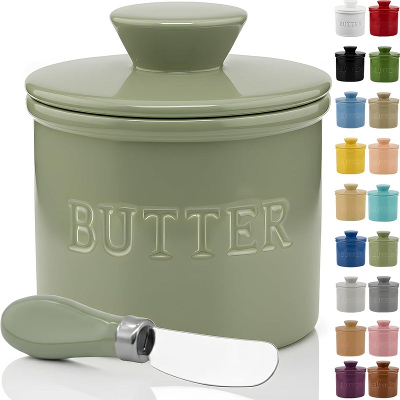 Priority Chef PriorityChef Butter Crock with Lid with Water Line, Ceramic French Butter Dish to Leave On Counter, Sage - Image 1