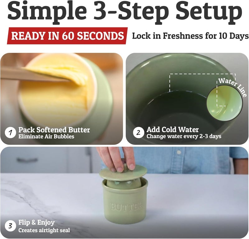 Priority Chef PriorityChef Butter Crock with Lid with Water Line, Ceramic French Butter Dish to Leave On Counter, Sage - Image 3