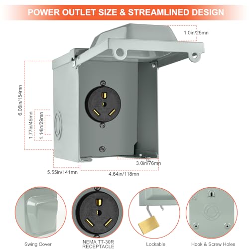 WELLUCK 30 Amp RV Power Outlet Box, 125 Volt NEMA TT-30R RV Receptacle, Enclosed Lockable Outdoor Electrical Panel Weatherproof Plug for Temporary Hookup RV Camper Travel Trailer Car Generator - Image 2
