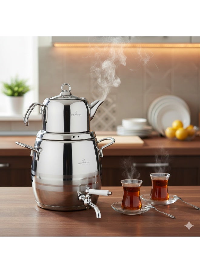 سوفرام سماور شاي سوفرام استيل تركي مع موزع ماء سعة 5 لتر - Image 1