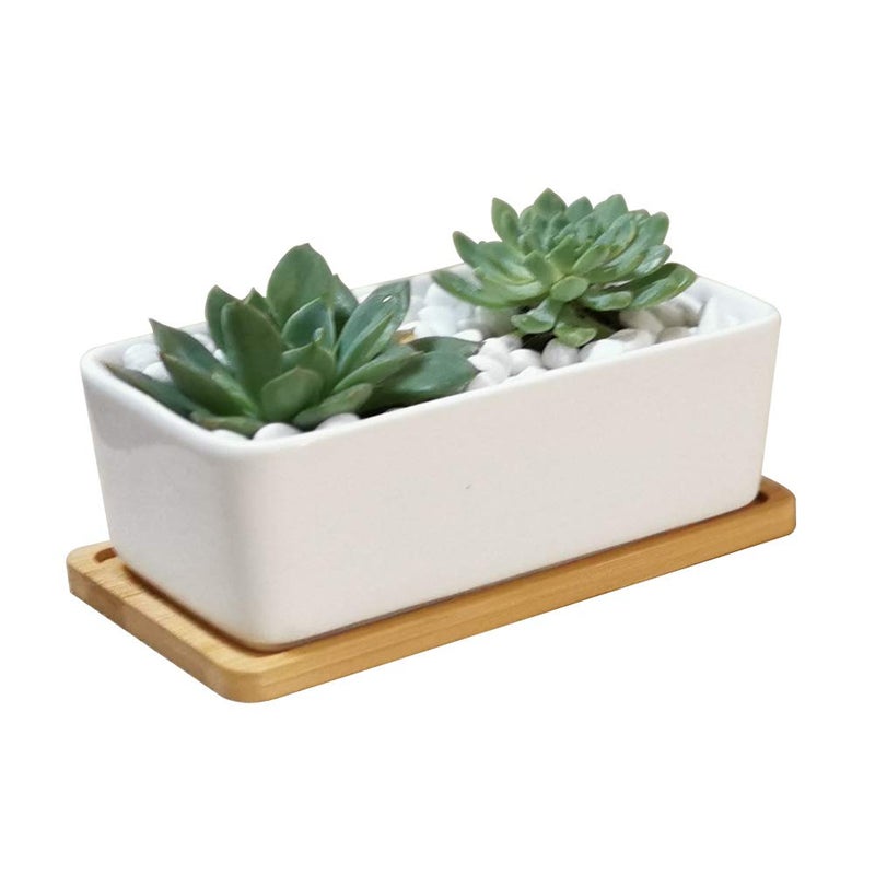 LANKER 65 Inch Rectangle White Ceramic Succulent Planter Pot Decorative Cactus Plant Pot Flower Container with Bamboo Tray Rectangle 65 Inch