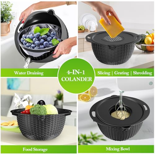 UTTKOJ 4-1 Colander with Bowl Set - Colander for Kitchen - Strainers and Colanders - Pasta Strainer - Funny Presents for Women - Rice Strainer Fruit Cleaner Veggie Wash Kitchen Gadgets Essentials, Black - Image 2