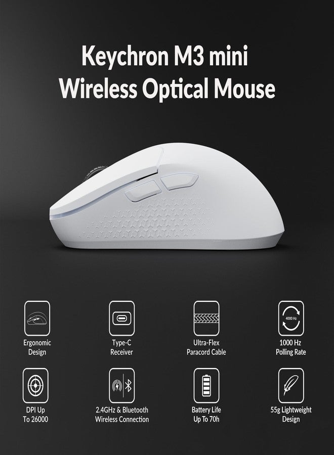 كيشرون ماوس Keychron M3 Mini اللاسلكي البصري، ماوس ألعاب سلكي/بلوتوث 5.1/2.4 جيجاهرتز، مستشعر PixArt 3395 قابل للبرمجة بدقة تصل إلى 26000 نقطة في البوصة/650 بوصة في الثانية، تصميم مريح وخفيف الوزن لأنظمة ويندوز وماك ولينكس - أبيض - Image 5