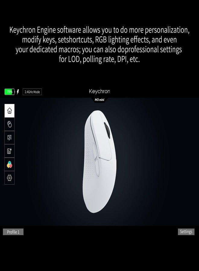 كيشرون ماوس Keychron M3 Mini اللاسلكي البصري، ماوس ألعاب سلكي/بلوتوث 5.1/2.4 جيجاهرتز، مستشعر PixArt 3395 قابل للبرمجة بدقة تصل إلى 26000 نقطة في البوصة/650 بوصة في الثانية، تصميم مريح وخفيف الوزن لأنظمة ويندوز وماك ولينكس - أبيض - Image 2