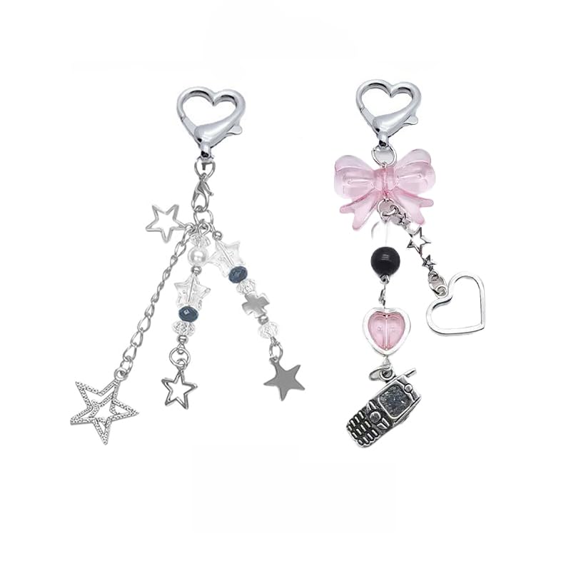 cioatu Cute Keychain Aesthetic Y2K Keychain Accessories Cute Heart Butterfly Strawberry Bear Key Chain for Keys Bags Women Gifts (2PCS Star Phone) - Image 3