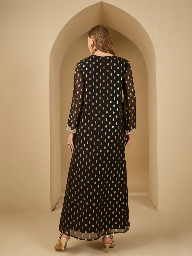 Styli Styli Dobby Chiffon Jalabiya with Lace Patch Detail