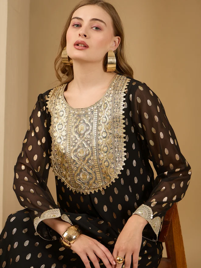 Styli Styli Dobby Chiffon Jalabiya with Lace Patch Detail