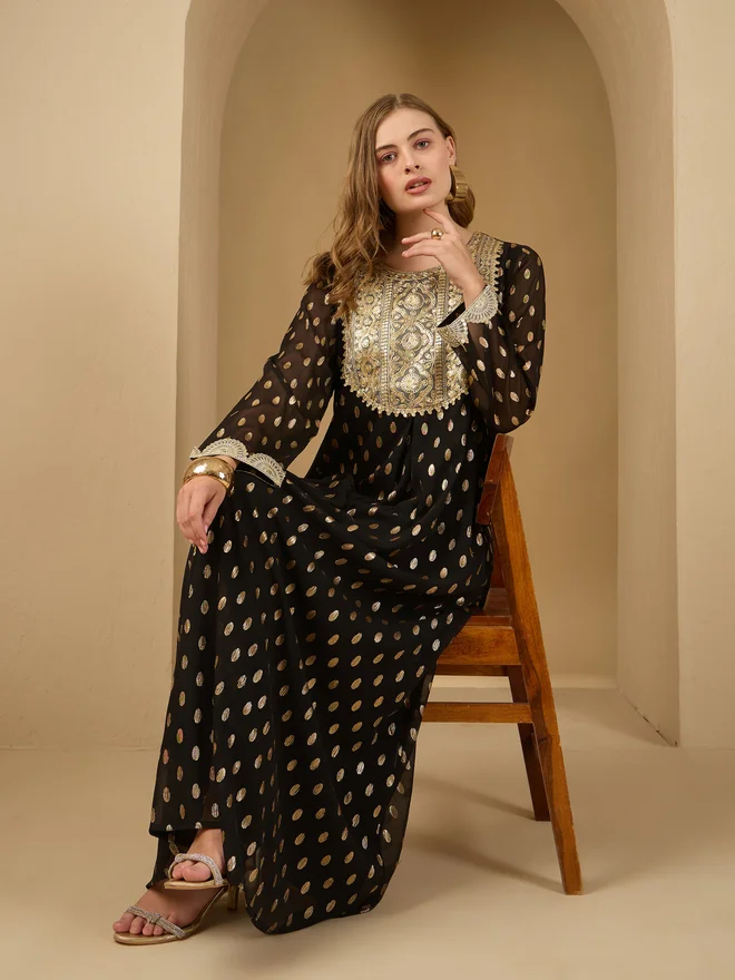 Styli Styli Dobby Chiffon Jalabiya with Lace Patch Detail