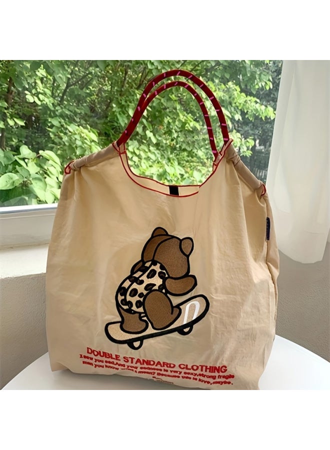 Trendy Japanese Nylon Embroidered Shopping Bag Women's Travel Bag Large Capacity Shoulder Bag Handbag Tote Bag-Color:Grass Skirt Dance Girl White (excluding Shoulder Straps)-Size:Medium  - Image 4