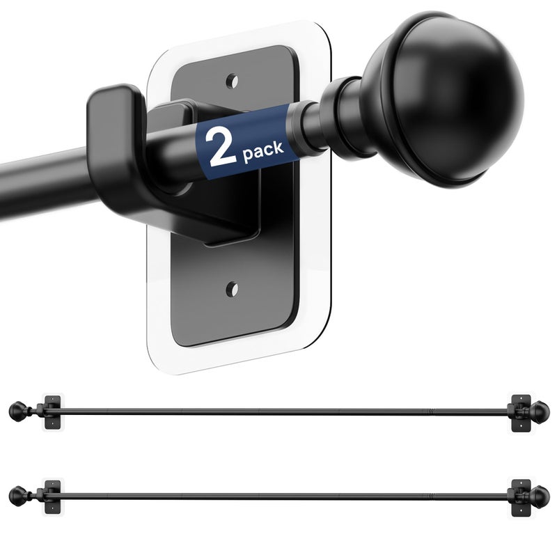 ENJOYBASICS 2 Pack No Drill Curtain Rods for Window 48 to 84 Inches, 5/8 Inch Diameter Renter Friendly Drapery Rod with Adhesive Brackets without Drilling, Adjustable from 27 to 90 Inches, Black - Image 1
