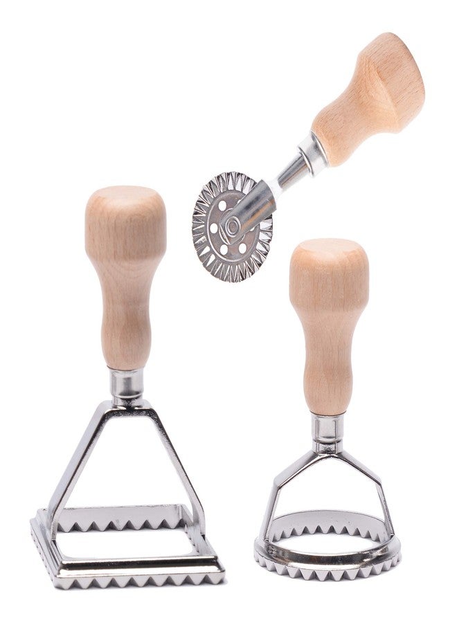 MASTER FENG Ravioli Stamp Maker Cutter with Roller Wheel Set, Mold with Wooden Handle and Fluted Edge, Pasta Press Kitchen Attachment (MF-146) - Image 1