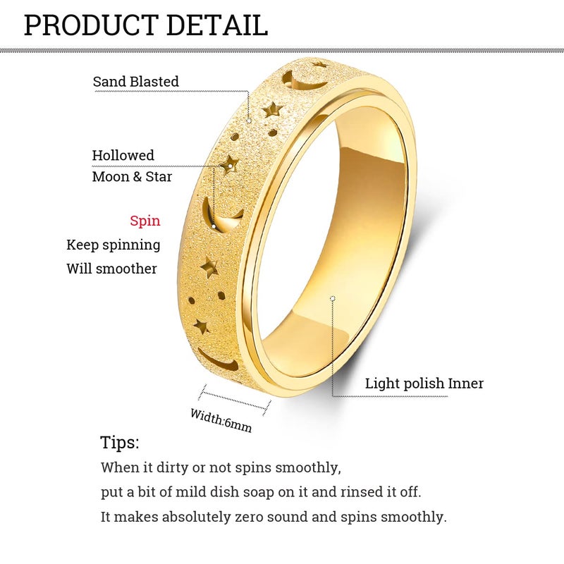 OreilleStar Anxiety Ring for Women Spinner Thumb Ring Stainless Steel Fidget Toys Adults Fidget Spinner Ring Moon Star Gold Size 10 - Image 5