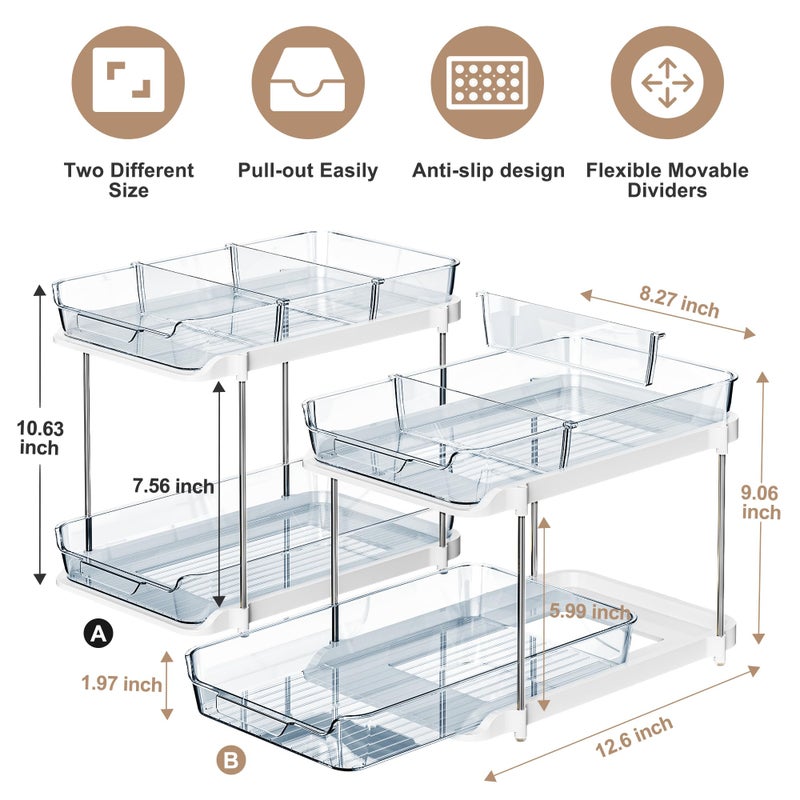 Delamu 2-Tier Multi-Purpose Bathroom Under Sink Organizers and Storage, Stackable Kitchen Pantry Organization, Pull Out Medicine Cabinet Organizer with Movable Dividers, Blue, 2 Pack - Image 2