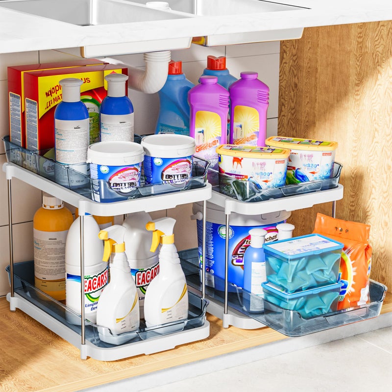 Delamu 2-Tier Multi-Purpose Bathroom Under Sink Organizers and Storage, Stackable Kitchen Pantry Organization, Pull Out Medicine Cabinet Organizer with Movable Dividers, Blue, 2 Pack - Image 5