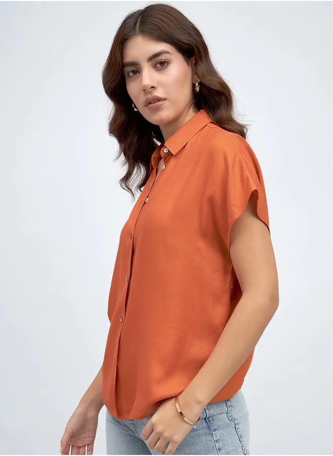 دينيس لينغو Rust Relaxed Fit Shirt for Women - Viscose Moss, Solid, Half Sleeves, Casual,