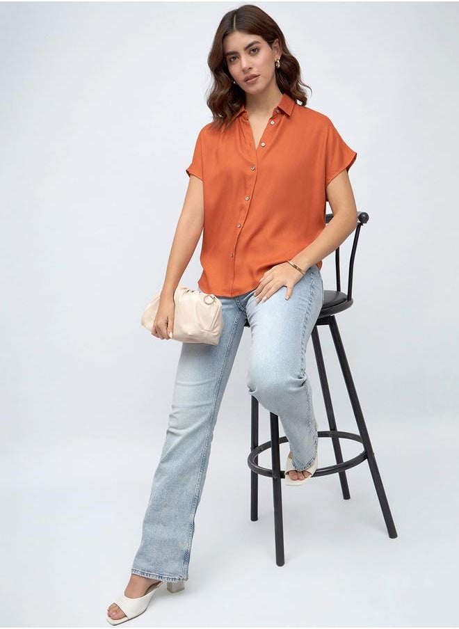 Dennis Lingo - Rust Relaxed Fit Shirt for Women - Viscose Moss, Solid, Half Sleeves, Casual, - Image 1