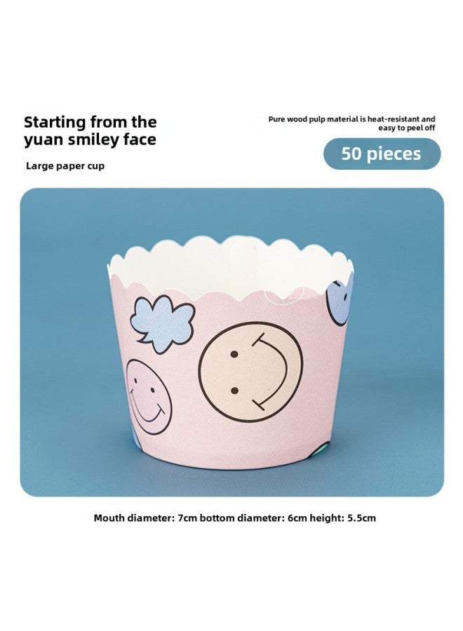Medium Size Baking Cups Rolled Edges Foldable Cake Paper Cups High Temperature Resistant 50 Pieces-Color:Medium Paper Cup-Yuan Smiling Face 50 Pack - Image 1