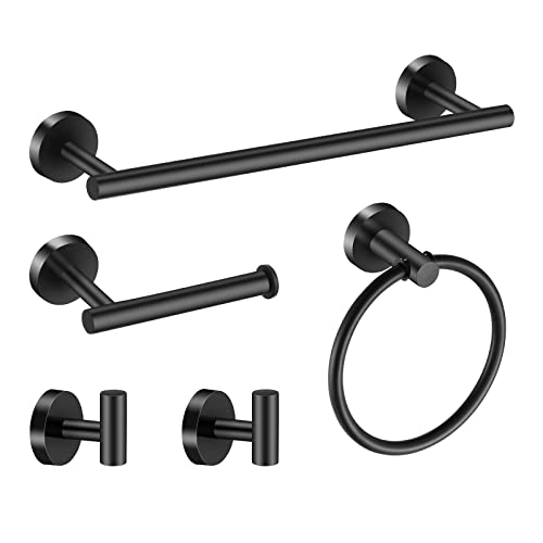 Hinmood Towel Bar Set Mattel Black, Bathroom Accessories Set 5pcs Including 16'' Tower Bar, Towel Ring and 2 PCS Towel Hooks - Image 1