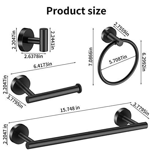 Hinmood Towel Bar Set Mattel Black, Bathroom Accessories Set 5pcs Including 16'' Tower Bar, Towel Ring and 2 PCS Towel Hooks - Image 2
