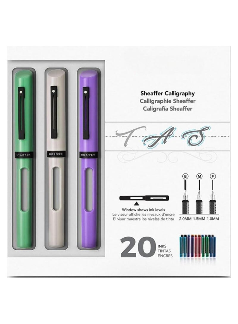 SHEAFFER Calligraphy Maxi Kit with Neo-Mint, White, and Lavender Pens and Assorted Nibs and Inks