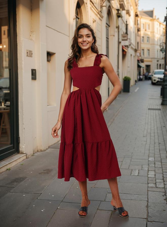 Freehand Burgundy Textured Strappy Midi Dress - Image 1