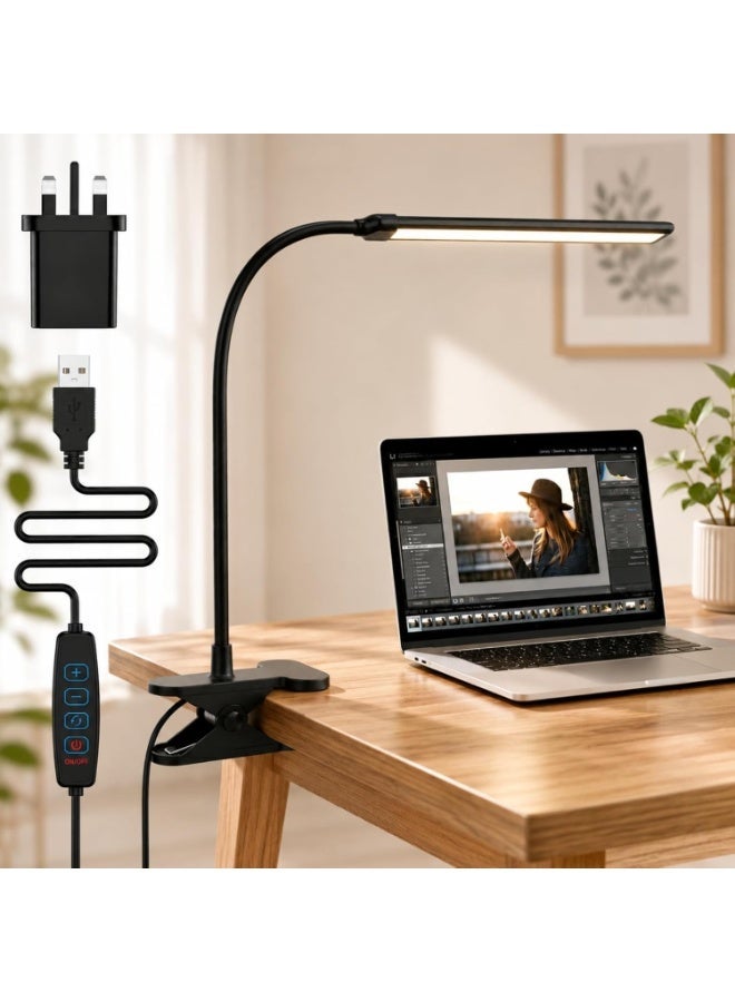 HUAQIANG LED Desk Lamp with Clamp, 36cm Wide Head Eye-Caring Clip on Lamp, 3 Color Modes 10 Brightness Levels, 360° Flexible Gooseneck Architect Lamp for Home Office, Reading, Working, Black - Image 1