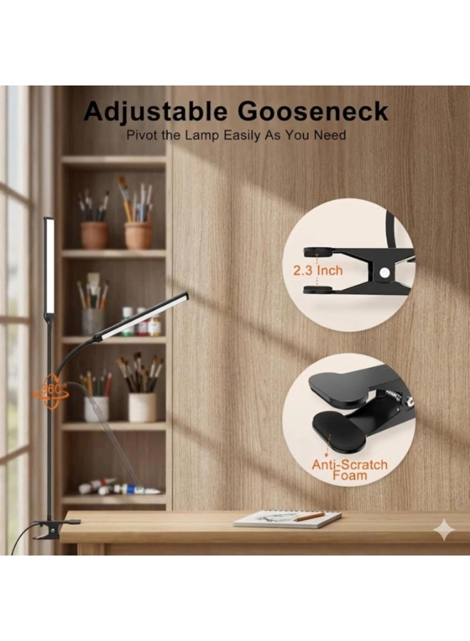 HUAQIANG LED Desk Lamp with Clamp, 36cm Wide Head Eye-Caring Clip on Lamp, 3 Color Modes 10 Brightness Levels, 360° Flexible Gooseneck Architect Lamp for Home Office, Reading, Working, Black - Image 4