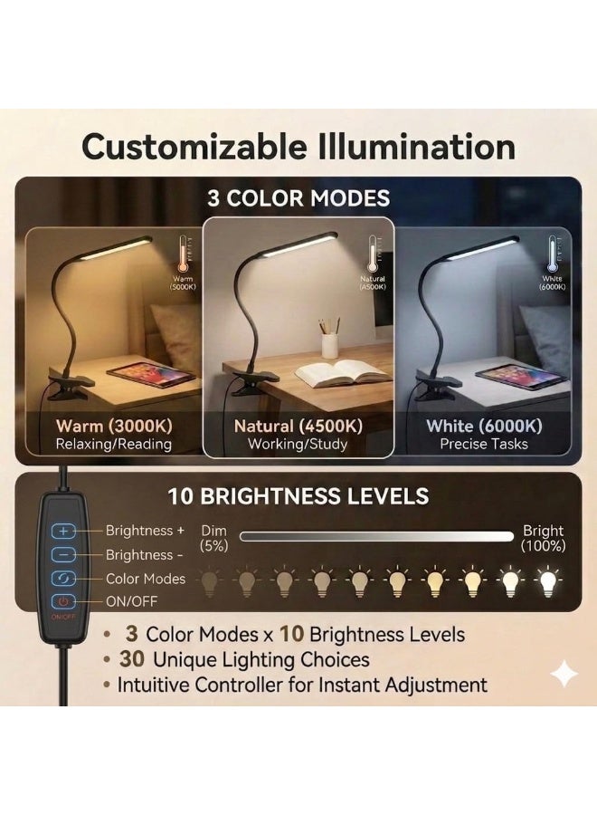 HUAQIANG LED Desk Lamp with Clamp, 36cm Wide Head Eye-Caring Clip on Lamp, 3 Color Modes 10 Brightness Levels, 360° Flexible Gooseneck Architect Lamp for Home Office, Reading, Working, Black - Image 3