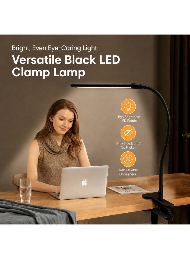HUAQIANG LED Desk Lamp with Clamp, 36cm Wide Head Eye-Caring Clip on Lamp, 3 Color Modes 10 Brightness Levels, 360° Flexible Gooseneck Architect Lamp for Home Office, Reading, Working, Black - Image 2