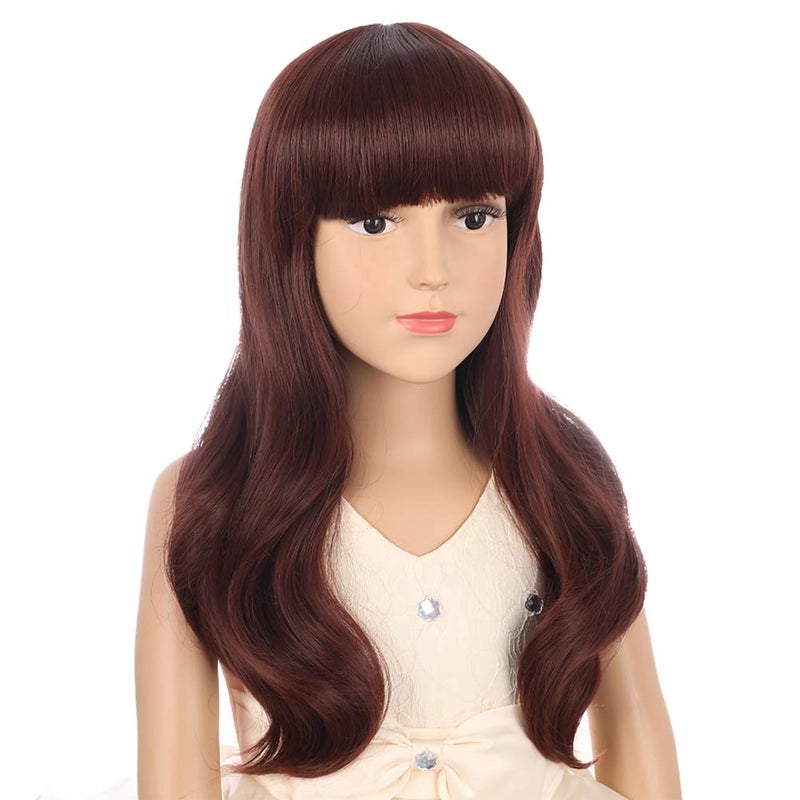 PATTNIUM Red Brown Wig Kids Child Wig Long Wig with Bangs Girls Brown Wig Synthetic Cosplay Party Daily Wear Wig Red Brown