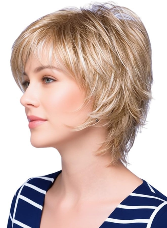 TISHINING Short Blonde Pixie Cut Wigs for White Women with Bangs Shaggy Layered Mixed Blonde Natural Wavy Synthetic Hair Wig Heat Resistant Fiber Hair Replacement Wig - Image 1