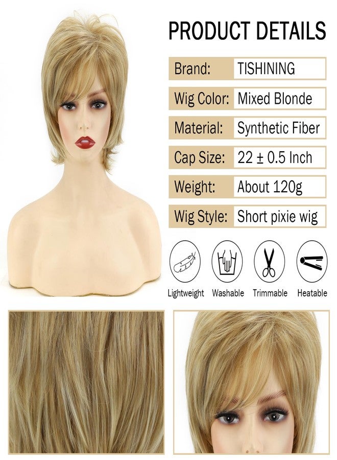 TISHINING Short Blonde Pixie Cut Wigs for White Women with Bangs Shaggy Layered Mixed Blonde Natural Wavy Synthetic Hair Wig Heat Resistant Fiber Hair Replacement Wig - Image 3