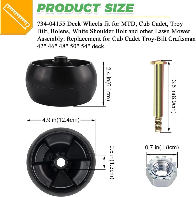 Techecook Upgraded 734-04155 Deck Wheels Fit for MTD, Cub Cadet Mower by - Replaces Toro 112-0677 72-025 210-275, Troy Bilt 938-3056 5-Inch Deck Wheel with Bolts Nuts 4 Pack - Image 3