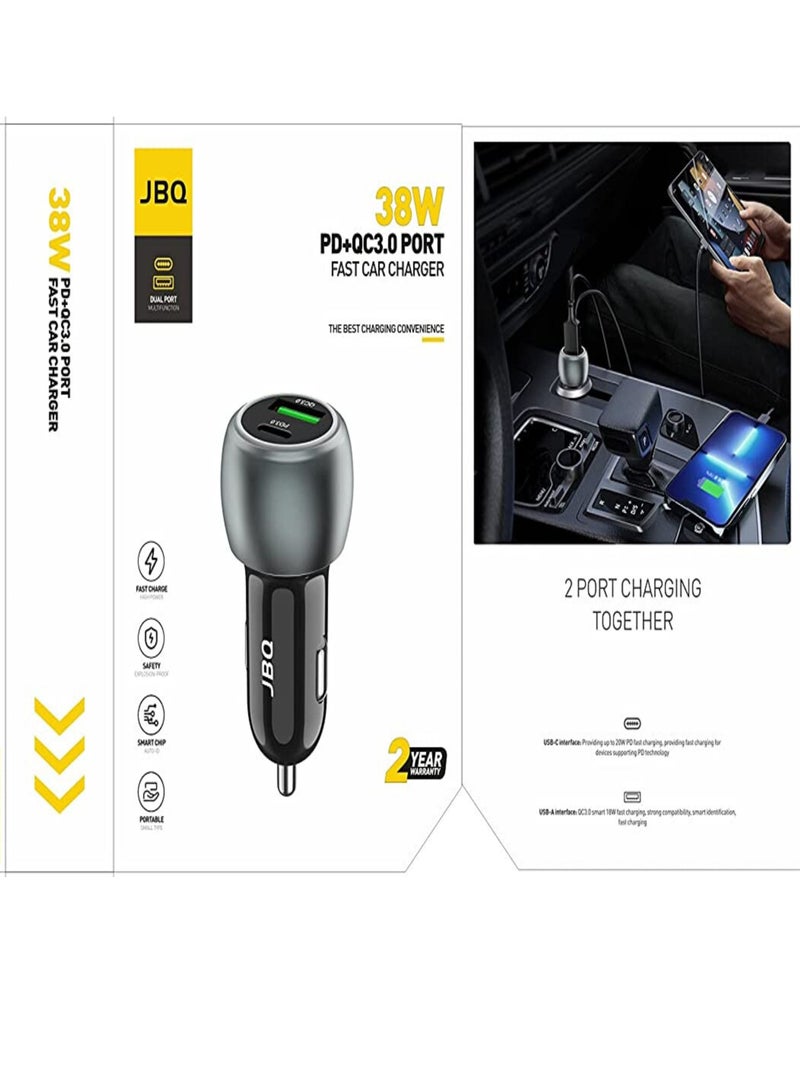 JBQ Car Charger Dual Port 38W PD+QC 3.0 Quick Charge Auto Id Compact and Portable CC-7380 - Image 2