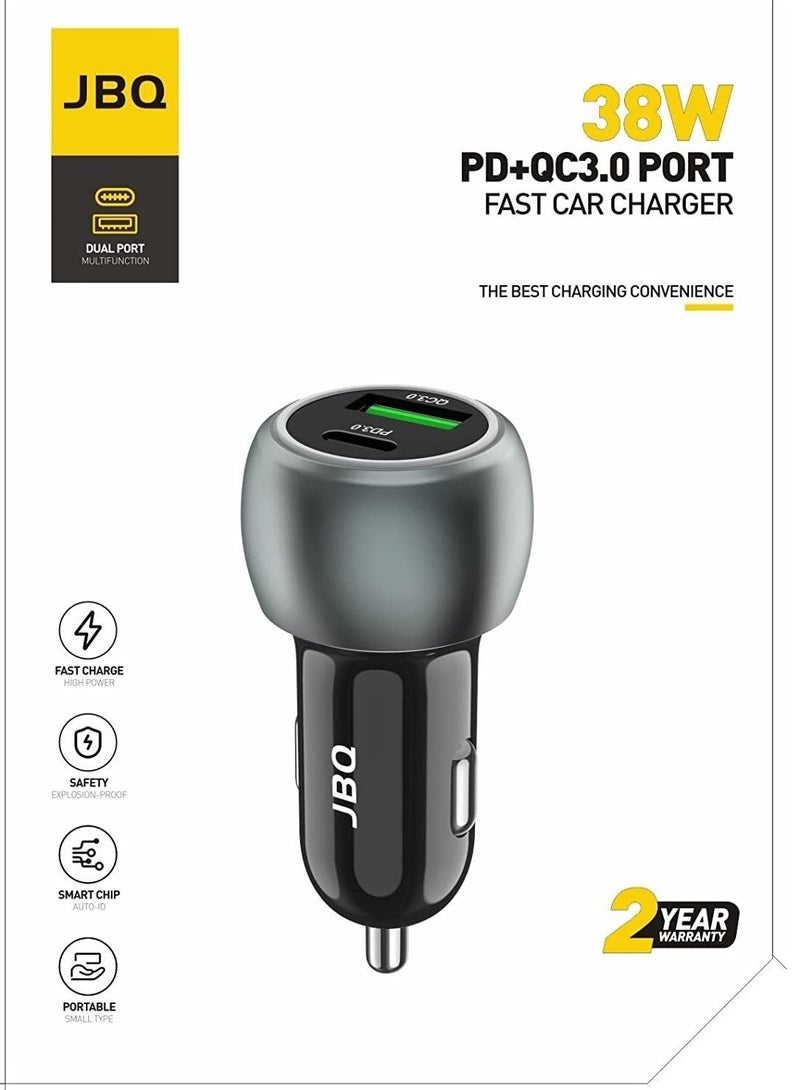JBQ Car Charger Dual Port 38W PD+QC 3.0 Quick Charge Auto Id Compact and Portable CC-7380 - Image 4