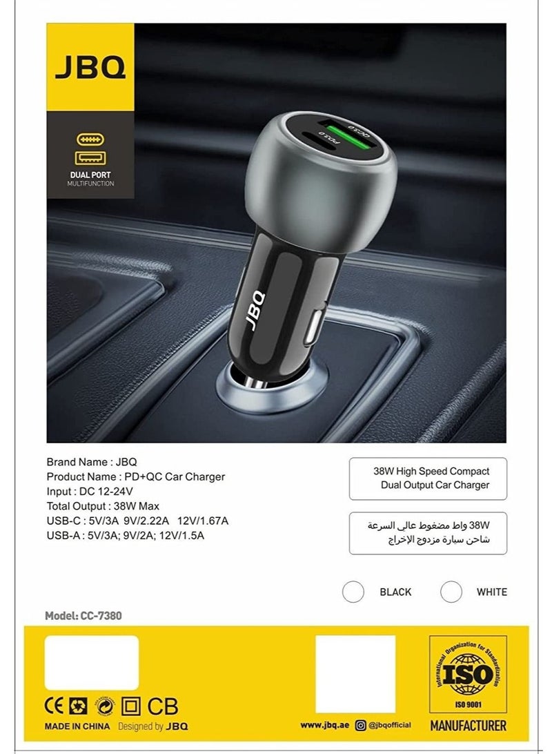 JBQ Car Charger Dual Port 38W PD+QC 3.0 Quick Charge Auto Id Compact and Portable CC-7380 - Image 3