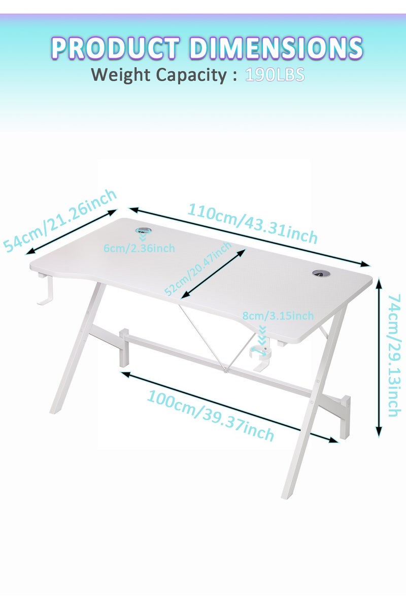 Lafulaifu 43 Inch Gaming Table with Headphone Hook & Cup Holder - Ergonomic Computer Desk for Gamers and Students, Easy Assembly, White (110x54x74cm) - Image 2