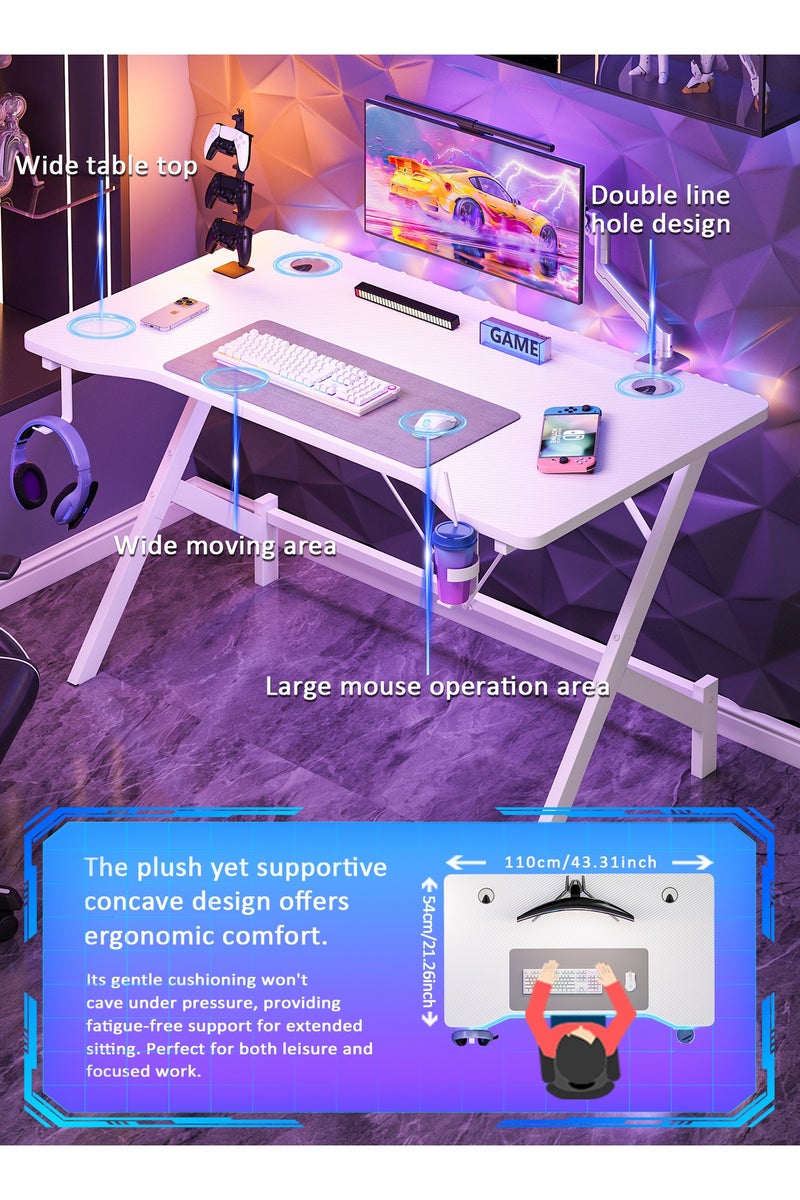 Lafulaifu 43 Inch Gaming Table with Headphone Hook & Cup Holder - Ergonomic Computer Desk for Gamers and Students, Easy Assembly, White (110x54x74cm) - Image 3