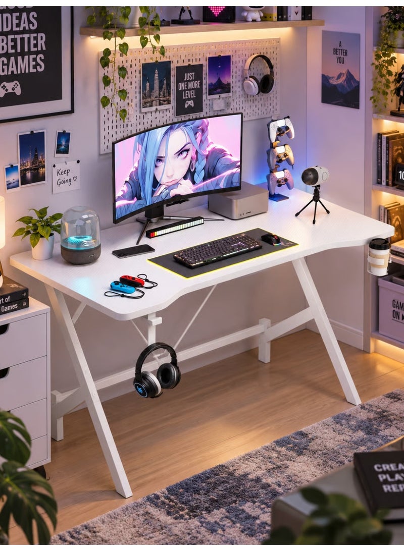 ALIVINGHOME 43 Inch Gaming Table with Headphone Hook & Cup Holder - Ergonomic Computer Desk for Gamers and Students, Easy Assembly, White (110x54x74cm) - Image 1
