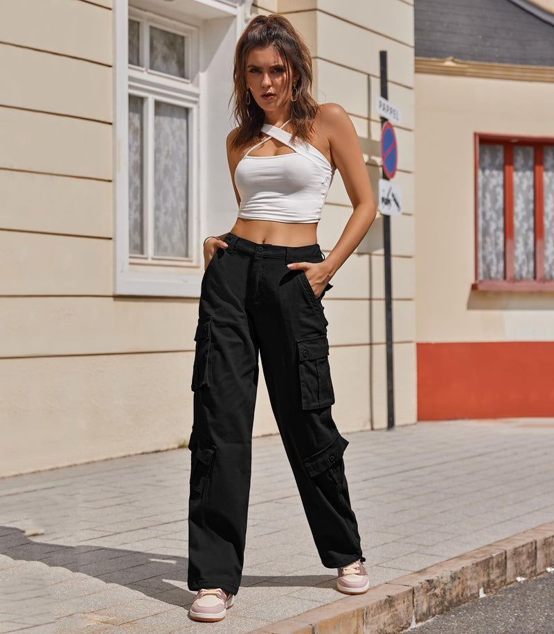 ZMPSIISA Women Pants High Waisted Cargo Pants Combat Military Wide Leg Casual Trousers 8 Pockets(Black,X-Large) - Image 3