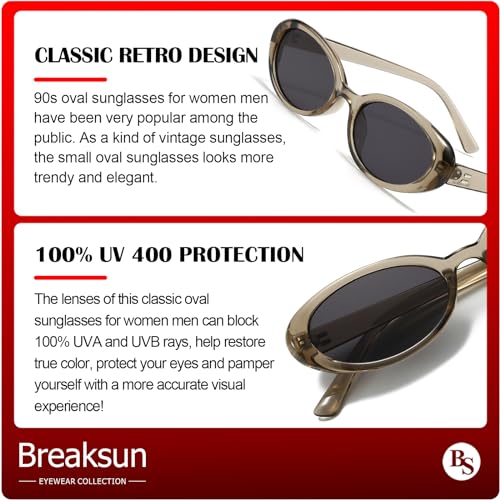 Breaksun Retro Oval Sunglasses for Women Men Fashion Small Oval Sunglasses 90s Vintage Shades (Olive Green/Grey) - Image 4