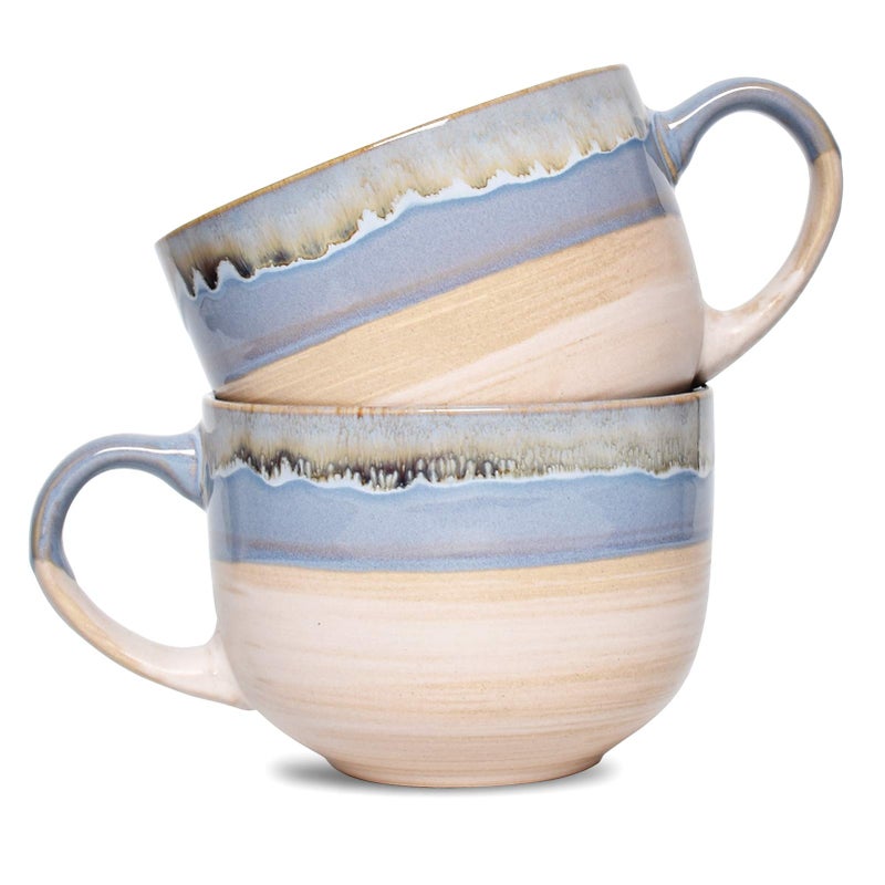 Bosmarlin Large Ceramic Coffee Mug Set of 2 Stoneware Jumbo Latte Mugs for Office and Home 16 Oz Dishwasher and Microwave SafeBlue 2