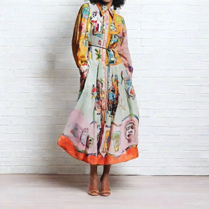 Lace Trim Floral Print Long Sleeve Dress with Turn-Down Collar and Waist Cinching - Image 3
