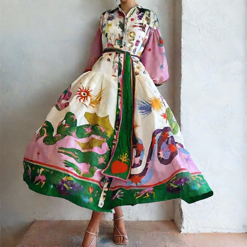 Lace Trim Floral Print Long Sleeve Dress with Turn-Down Collar and Waist Cinching - Image 2