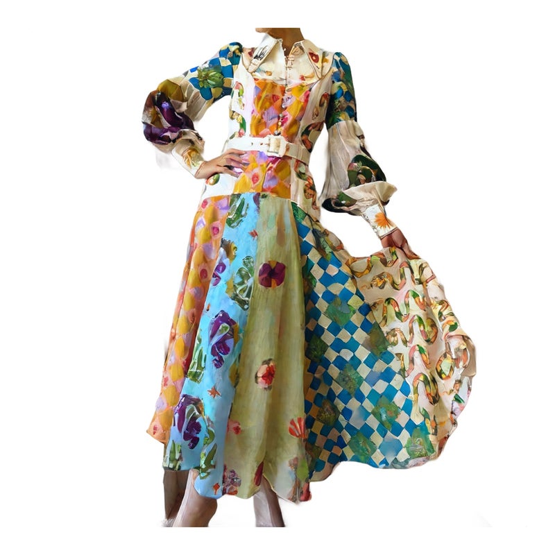 Lace Trim Floral Print Long Sleeve Dress with Turn-Down Collar and Waist Cinching - Image 1